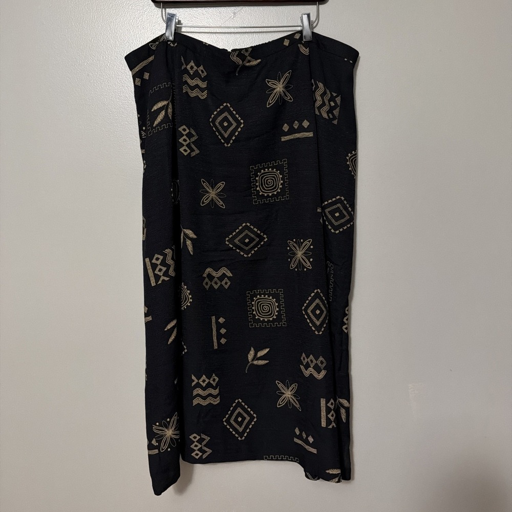 Vtg‎ In Moda Skirt Embroidered Black Tan Size 24 Career Cottage Boho